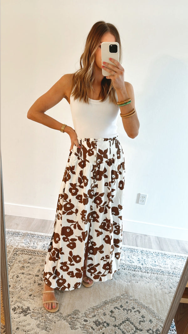 Brown and White Floral Maxi Skirt