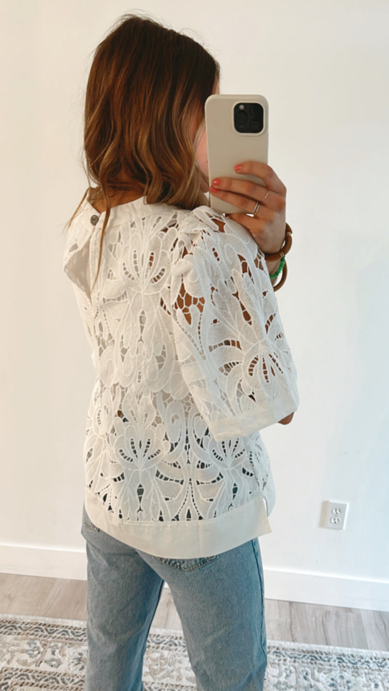 White Lace Short Sleeve Top