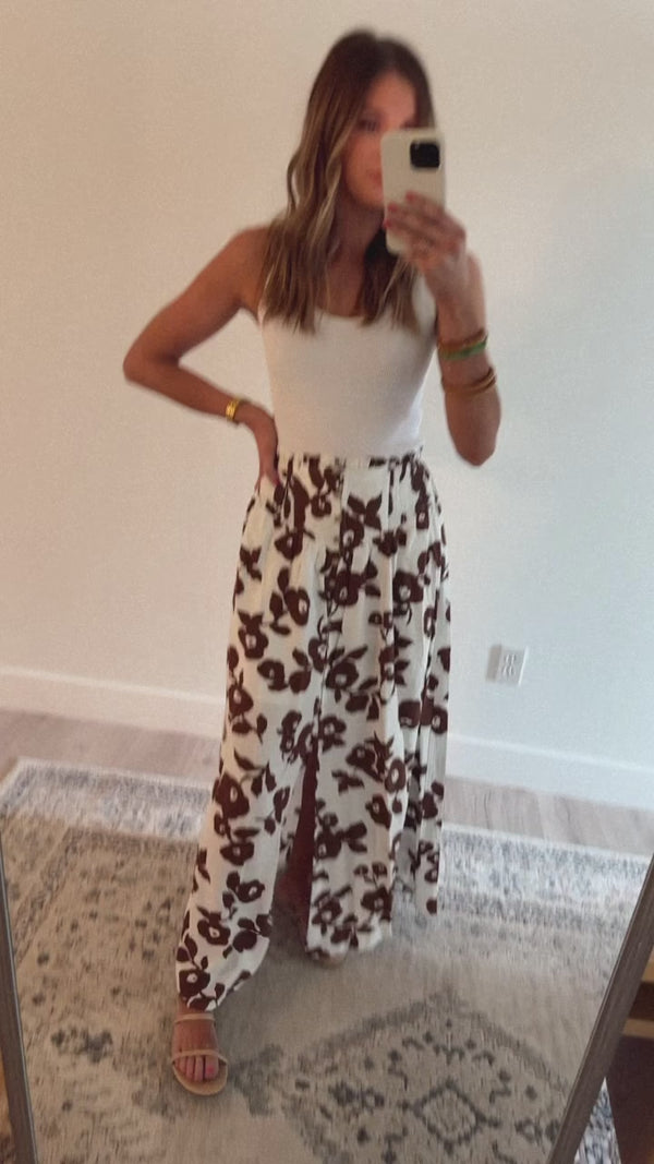 Brown and White Floral Maxi Skirt