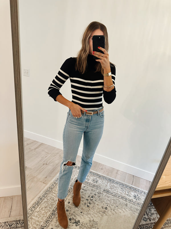 Black + Cream Fitted Turtleneck Top