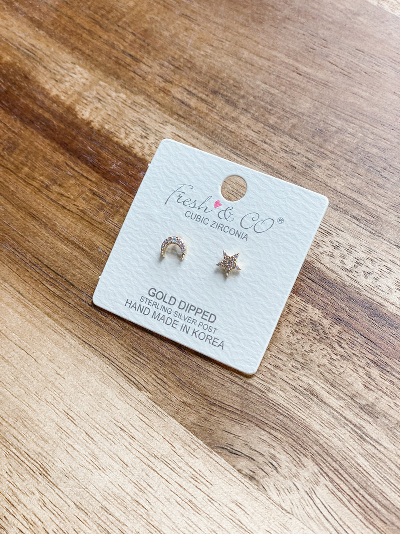 Gold Moon and Star Stud Earrings